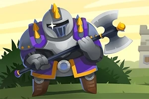 Rycerz w srebrnej zbroi z złotymi kolcami trzymający topór, stojący na tle krzaków i zamku