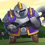 Rycerz w srebrnej zbroi z złotymi kolcami trzymający topór, stojący na tle krzaków i zamku