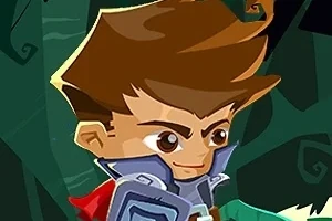 Postać z brązowymi włosami i zbroją w stylu kreskówkowym na tle ciemnozielonego lasu