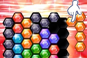 Kolorowe sześciokąty układane w pionowe i poziome rzędy na jasnym tle, z ikoną dłoni wskazującą jeden z elementów