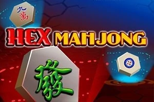 Napis Hex Mahjong z chińskimi symbolami na kafelkach w sześciokątnych kształtach na tle czerwono-niebieskim