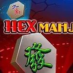 Napis Hex Mahjong z chińskimi symbolami na kafelkach w sześciokątnych kształtach na tle czerwono-niebieskim