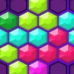 Kolorowe, błyszczące heksagonalne klocki w różnych odcieniach zieleni, błękitu, różu i fioletu, ułożone na ciemnym tle