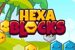 Napis Hexa Blocks otoczony kolorowymi, uśmiechniętymi heksagonalnymi bloczkami na tle rysunkowych palm i błękitnego nieba