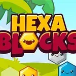 Napis Hexa Blocks otoczony kolorowymi, uśmiechniętymi heksagonalnymi bloczkami na tle rysunkowych palm i błękitnego nieba
