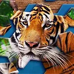 Fragment mozaiki przedstawiającej tygrysa złożonego z sześciokątnych kawałków na niebieskim tle