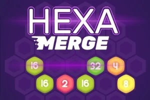 Napis Hexa Merge na fioletowym tle z kolorowymi, ponumerowanymi sześciokątami