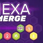 Napis Hexa Merge na fioletowym tle z kolorowymi, ponumerowanymi sześciokątami