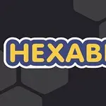 Napis HEXABLE w żółtym kolorze z ciemnoniebieskim obramowaniem na tle z ciemnoszarymi sześciokątami