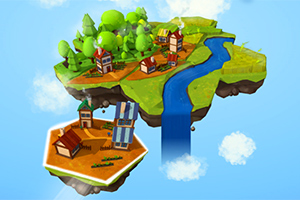 Kolorowa, lewitująca wyspa z rzeką, drzewami i budynkami na tle błękitnego nieba oraz chmur