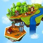 Kolorowa, lewitująca wyspa z rzeką, drzewami i budynkami na tle błękitnego nieba oraz chmur