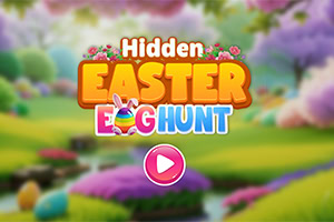Kolorowa ilustracja z napisem Hidden Easter Egg Hunt na tle malowniczego wiosennego krajobrazu z rozmytym widokiem łąki i drzew oraz przyciskiem play