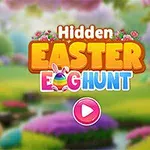 Kolorowa ilustracja z napisem Hidden Easter Egg Hunt na tle malowniczego wiosennego krajobrazu z rozmytym widokiem łąki i drzew oraz przyciskiem play