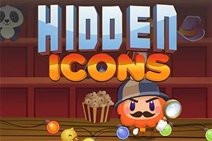 Kolorowy napis Hidden Icons z postacią w czapce i wąsami trzymającą lupę, na tle półek z zabawkami i popcornem