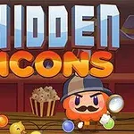 Kolorowy napis Hidden Icons z postacią w czapce i wąsami trzymającą lupę, na tle półek z zabawkami i popcornem