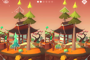 Ilustracja przedstawia stylizowany, kolorowy krajobraz z orientalną pagodą otoczoną drzewami na tle zachodzącego słońca