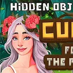 Postać kobiety z białymi włosami i różami we włosach na tle lasu, z napisami Hidden Objects i Cure for the Prince