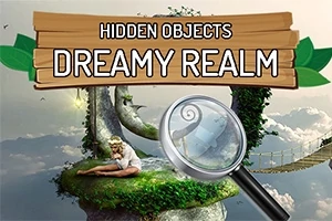 Kobieta siedząca na trawie w magicznym krajobrazie z dużą lupą i tabliczką z napisem Hidden Objects Dreamy Realm