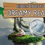 Kobieta siedząca na trawie w magicznym krajobrazie z dużą lupą i tabliczką z napisem Hidden Objects Dreamy Realm