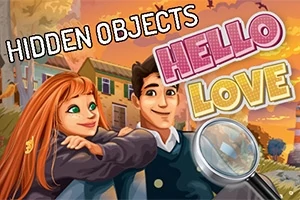 Kobieta i mężczyzna stoją razem w jesiennej scenerii z napisem HIDDEN OBJECTS HELLO LOVE oraz lupą w prawym dolnym rogu