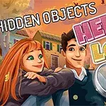 Kobieta i mężczyzna stoją razem w jesiennej scenerii z napisem HIDDEN OBJECTS HELLO LOVE oraz lupą w prawym dolnym rogu