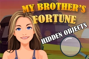 Kobieta z długimi włosami na tle zachodu słońca i napisów MY BROTHERS FORTUNE oraz HIDDEN OBJECTS z lupą