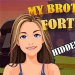Kobieta z długimi włosami na tle zachodu słońca i napisów MY BROTHERS FORTUNE oraz HIDDEN OBJECTS z lupą