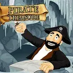 Piracka postać w kapeluszu trzymająca klucz, obok skrzynia ze skarbami i mapa, otoczona stalaktytami w jaskini