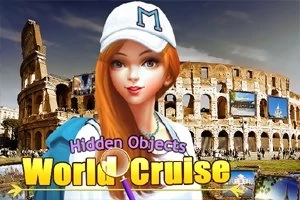 Młoda kobieta w białej czapce z daszkiem na tle Koloseum z kolorowym napisem World Cruise