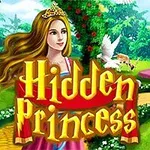 Księżniczka w koronie w ogrodzie z zamkiem w tle, fontanna i ptaki