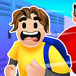 Uciekający chłopiec z plecakiem, ścigany przez zagniewanego, brodatego mężczyznę w okularach, w szkole