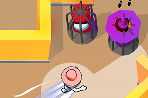 Postać z różowym kapeluszem biegnie obok klatek z potworami, jedna czerwona, druga fioletowa, w labiryncie z żółtymi ścianami