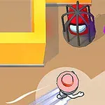 Postać z różowym kapeluszem biegnie obok klatek z potworami, jedna czerwona, druga fioletowa, w labiryncie z żółtymi ścianami