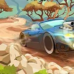 Niebieski samochód z dużym silnikiem na masce pędzi krętą, kamienistą drogą w otoczeniu drzew