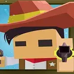 Kanciasty kowboj z pistoletem i dużym kapeluszem na tle nieba