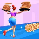 Postać z czerwoną fryzurą w kitkę biegnie z talerzami ciastek na niebieskiej ścieżce, zbierając monety