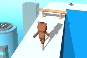 Postać przypominająca misia balansująca na drewnianym kijku na dachu budynku