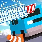 Plakat z napisem Highway Robbers na tle niebieskiego samochodu i pachołka drogowego