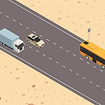 Ciężarówka, samochód osobowy i autobus jadące po dwupasmowej drodze na pustynnym tle