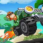 Małpa w okularach przeciwsłonecznych sterująca zielonym monster truckiem nad tropikalną plażą