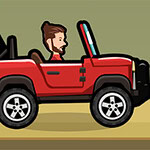 Mężczyzna z brodą kierujący czerwonym jeepem, widzianym z boku, na tle prostego wnętrza