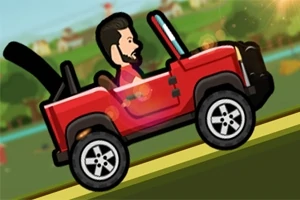 Czerwony jeep z animowaną postacią mężczyzny z brodą jadący po trawie na tle krajobrazu