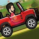 Czerwony jeep z animowaną postacią mężczyzny z brodą jadący po trawie na tle krajobrazu