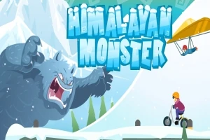 Yeti ryczący na ośnieżonym tle z osobą w paralotni i na skuterze śnieżnym oraz napis Himalayan Monster