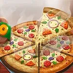 Pizza podzielona na kawałki z różnymi dodatkami oraz zabawne logo z hipopotamem w czapce kucharskiej