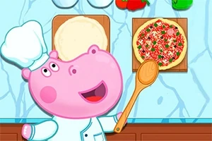 Różowy hipopotam w czapce kucharskiej przygotowuje pizzę na drewnianej desce, trzymając drewnianą łyżkę
