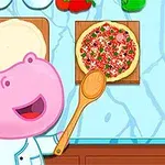 Różowy hipopotam w czapce kucharskiej przygotowuje pizzę na drewnianej desce, trzymając drewnianą łyżkę