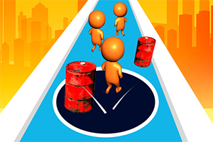 Trzy pomarańczowe postacie biegną po niebieskiej drodze z czerwonymi beczkami na tle pomarańczowych budynków