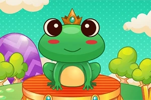 Zielona żaba z koroną siedząca na czerwonej platformie na tle krajobrazu z drzewami i chmurami