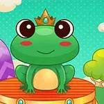 Zielona żaba z koroną siedząca na czerwonej platformie na tle krajobrazu z drzewami i chmurami